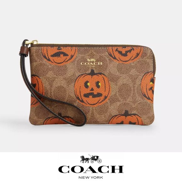 👻❤️ Coach Corner Zip Wristlet In Signature Canvas With Halloween Print - Picture 1 of 9
